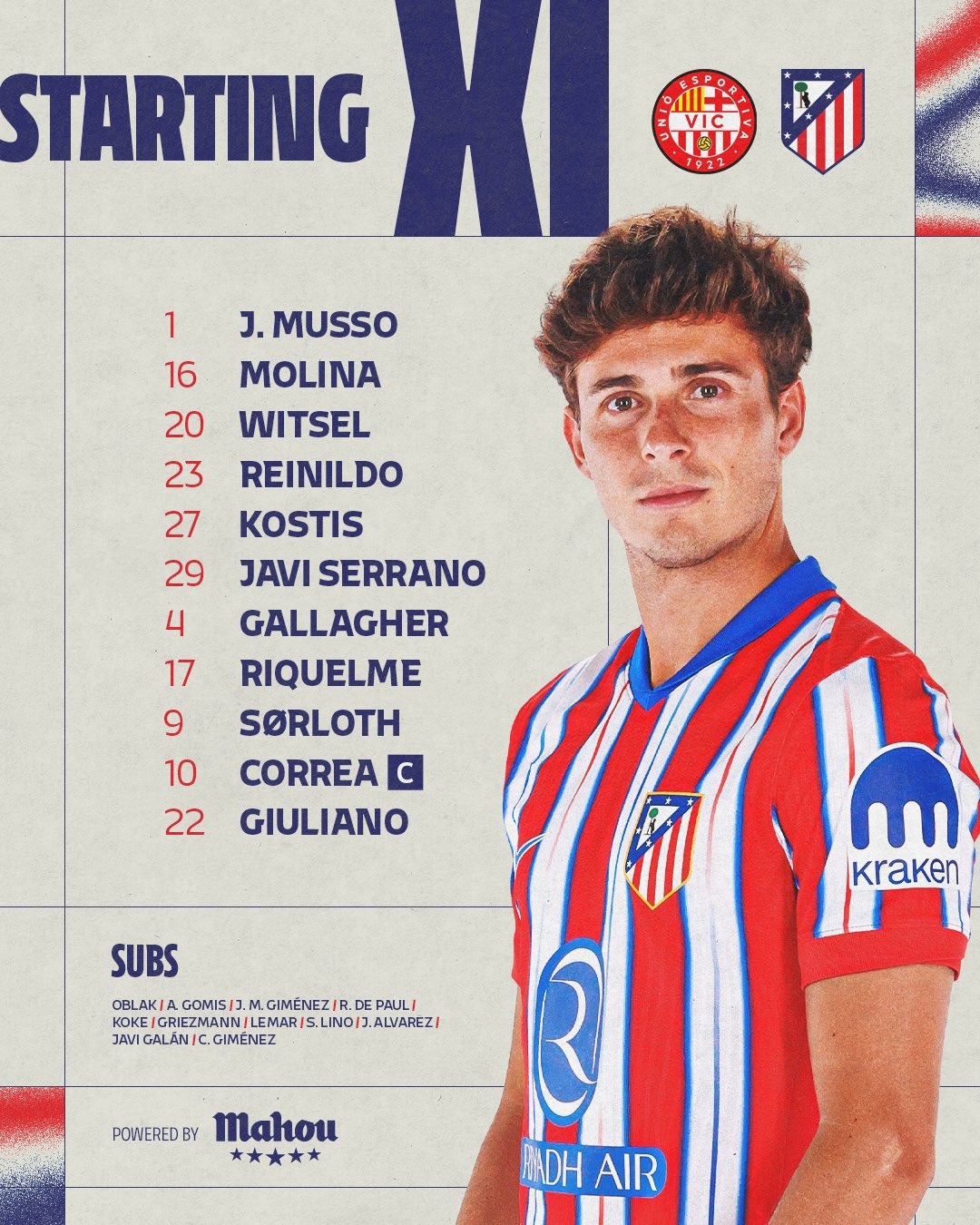 国王杯首轮-马竞vsUE维克首发:科雷亚、加拉格尔、维特塞尔出战